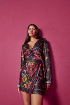 Farm Rio Black Mixed Scarves Mini Dress