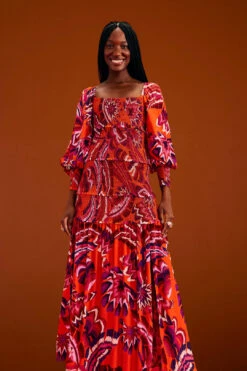 Farm Rio Orange Chevron Forest Maxi Dress