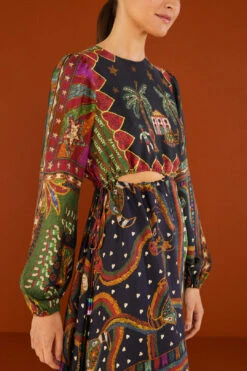 Farm Rio Shiny Mixed Scarves Cut Out Midi Dress -Modern Dress World 303802 03 1