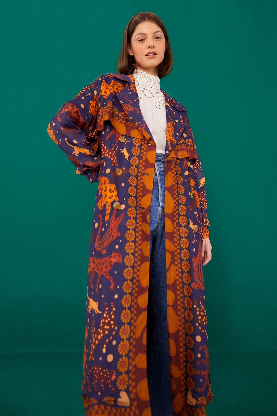 Farm Rio Navy Animal Sky Trench Coat 1 Farm Rio Navy Animal Sky Trench Coat