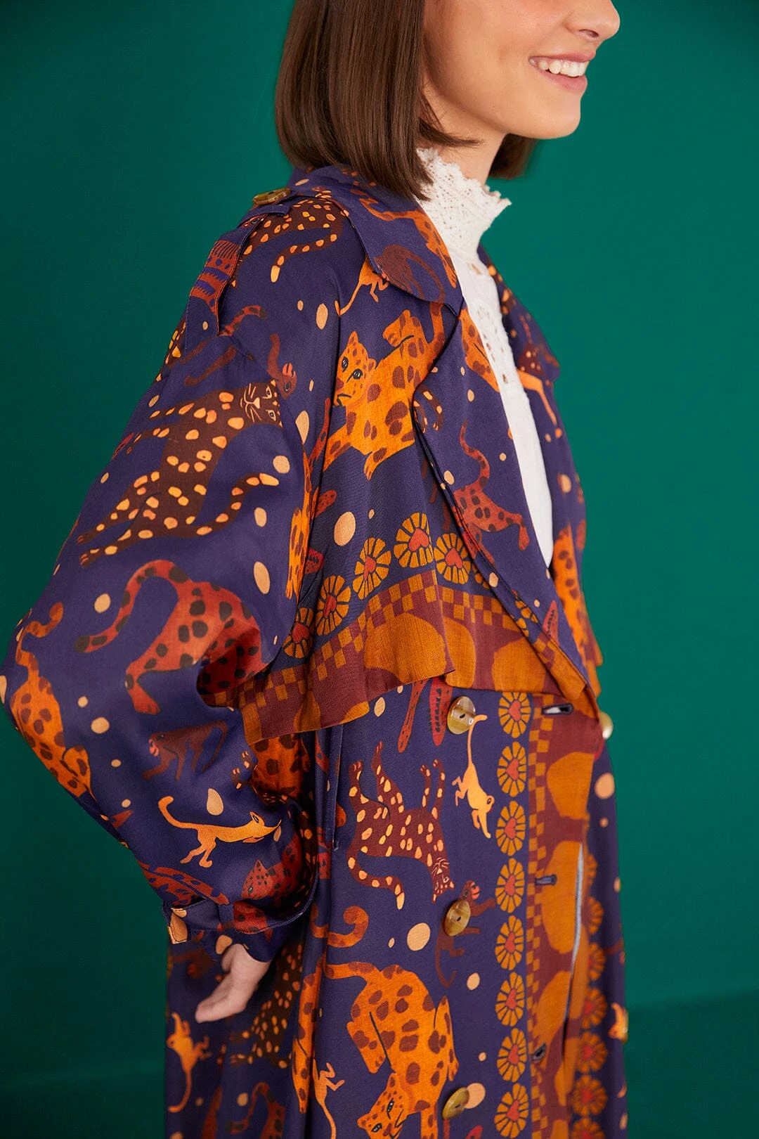 Farm Rio Navy Animal Sky Trench Coat 4 Farm Rio Navy Animal Sky Trench Coat - Image 4