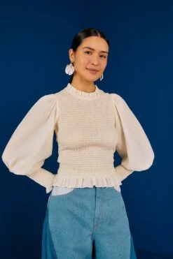 Farm Rio White Smocked Blouse