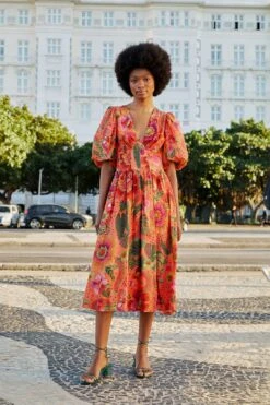 Farm Rio Orange Blooming Garden Midi Dress