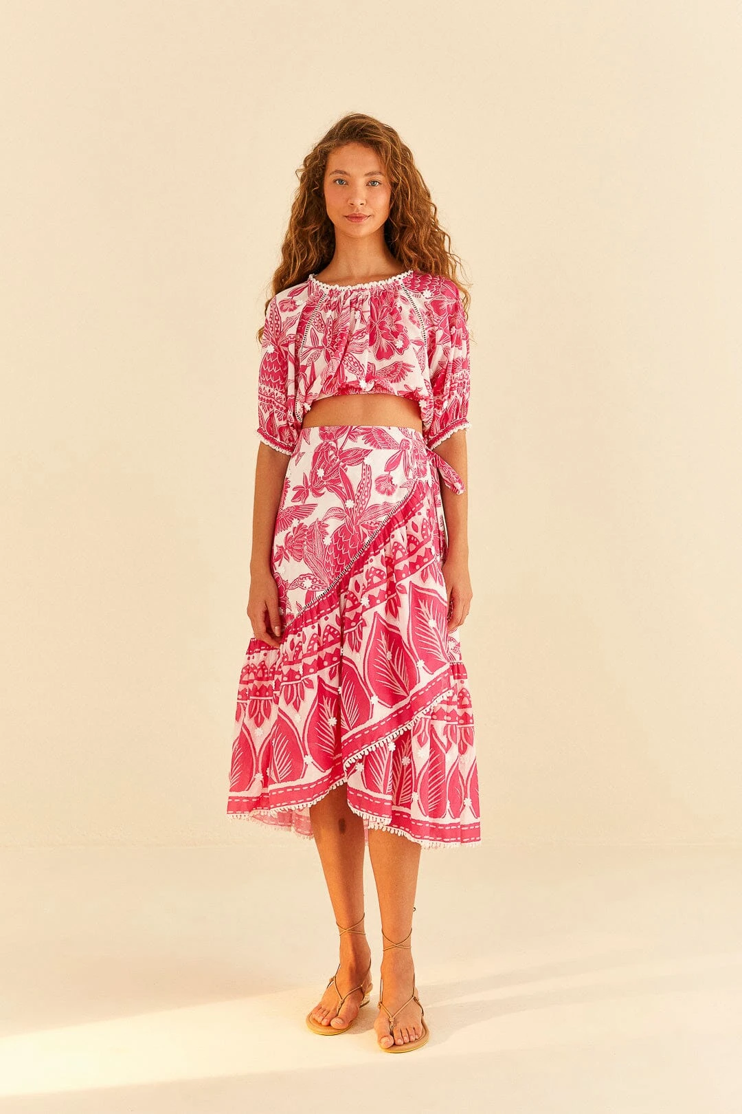 Farm Rio Pink Tropical Woodcut Midi Skirt 2 Farm Rio Pink Tropical Woodcut Midi Skirt - Image 2