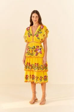 Farm Rio Yellow Embroidered Richelieu Midi Dress