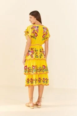 Farm Rio Yellow Embroidered Richelieu Midi Dress -Modern Dress World 306329 03