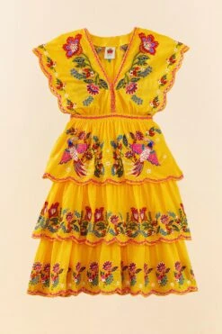 Farm Rio Yellow Embroidered Richelieu Midi Dress -Modern Dress World 306329 05