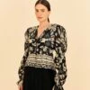 Farm Rio Black Graphic Floral Blouse