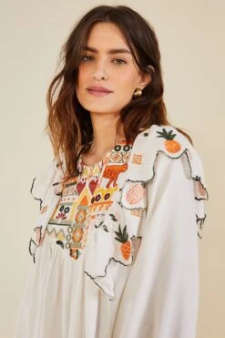 Farm Rio White Embroidered Fall Leaf Blouse 8 Farm Rio White Embroidered Fall Leaf Blouse -Modern Dress World 309103 03