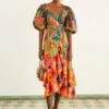 Farm Rio Coral Mixed Graphic Macaws Puff Sleeve Midi Dress