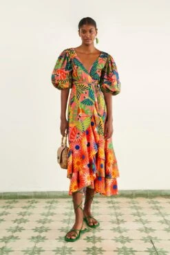 Farm Rio Coral Mixed Graphic Macaws Puff Sleeve Midi Dress
