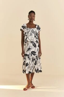 Farm Rio Off-White Graphic Leaves Midi Dress