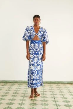 Farm Rio Navy Blue Jungle Scarf Midi Dress