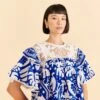 Farm Rio Navy Blue Jungle Scarf Blouse