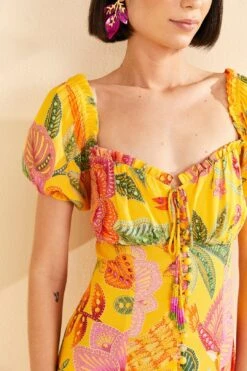 Farm Rio Yellow Macaw Bloom Puff-Sleeve Midi Dress -Modern Dress World 309293 03