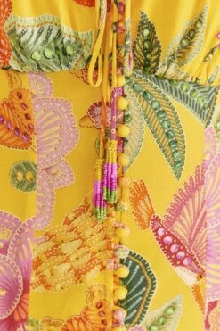 Farm Rio Yellow Macaw Bloom Puff-Sleeve Midi Dress -Modern Dress World 309293 05