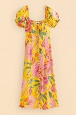 Farm Rio Yellow Macaw Bloom Puff-Sleeve Midi Dress -Modern Dress World 309293 06
