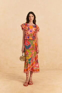 Farm Rio Coral Mixed Graphic Macaws Midi Skirt