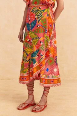 Farm Rio Coral Mixed Graphic Macaws Midi Skirt -Modern Dress World 309396 03