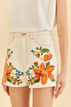 Farm Rio Embroidered Floral Twill Shorts -Modern Dress World 309421 02