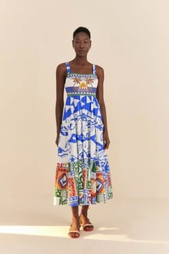 Farm Rio Mixed Pitta Colors Organic Cotton Embroidered Midi Dress