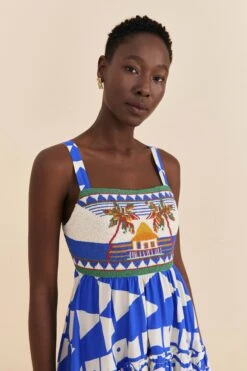 Farm Rio Mixed Pitta Colors Organic Cotton Embroidered Midi Dress -Modern Dress World 310673 05