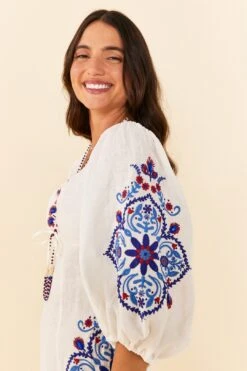 Farm Rio Off-White Navy Embroidery Mini Dress -Modern Dress World 311390 03