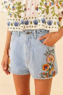 Farm Rio Summer Garden Embroidered Denim Shorts -Modern Dress World 311873 03