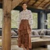 Farm Rio Caramel Embroidered Horses Layered Maxi Skirt
