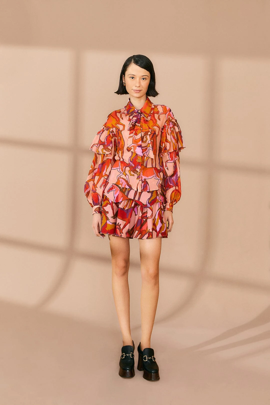 Farm Rio Rose Wild Horses Bow Neck Tie Blouse 2 Farm Rio Rose Wild Horses Bow Neck Tie Blouse - Image 2