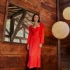 Farm Rio Red Heart Shaped Neckline Long Sleeve Midi Dress