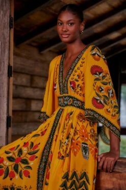 Farm Rio Yellow Tropical Tapestry Kaftan Dress -Modern Dress World 312047 03