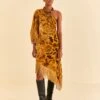 Farm Rio Golden Yellow Velvet One Shoulder Fringe Dress