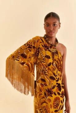 Farm Rio Golden Yellow Velvet One Shoulder Fringe Dress -Modern Dress World 312168 03