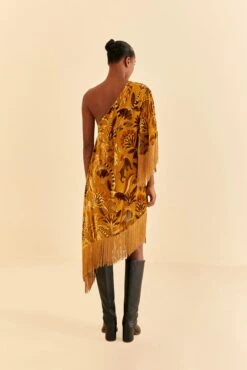 Farm Rio Golden Yellow Velvet One Shoulder Fringe Dress -Modern Dress World 312168 04