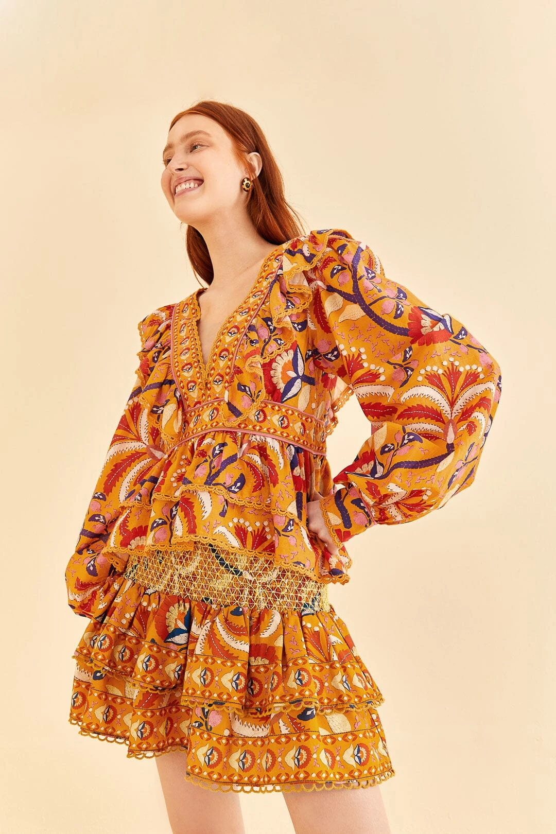 Farm Rio Yellow Palms Party Smocked Mini Skirt 2 Farm Rio Yellow Palms Party Smocked Mini Skirt - Image 2