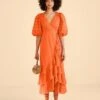 Farm Rio Orange Ruffles Midi Dress