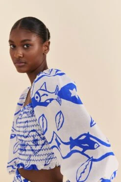 Farm Rio Off-White Pitta Waves Smocked Blouse -Modern Dress World 314085 03