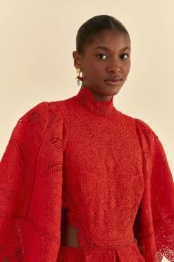 Farm Rio Red Guipure Cut Out Midi Dress -Modern Dress World 314516 03