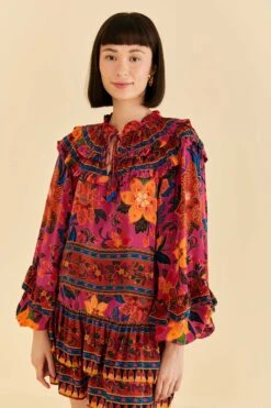 Farm Rio Pink Tropical Tapestry Long Sleeve Blouse
