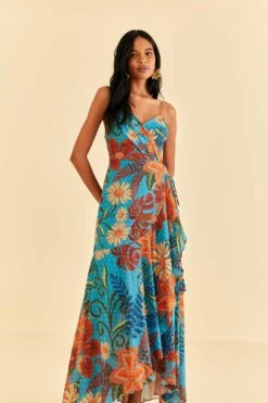 Farm Rio Blue Flower Dream Sleeveless Midi Dress