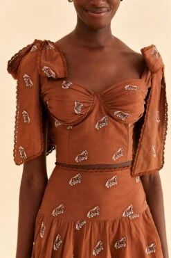 Farm Rio Caramel Embroidered Horses Crop Top -Modern Dress World 315964 03