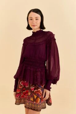 Farm Rio Burgundy Ruffle High Neck Blouse