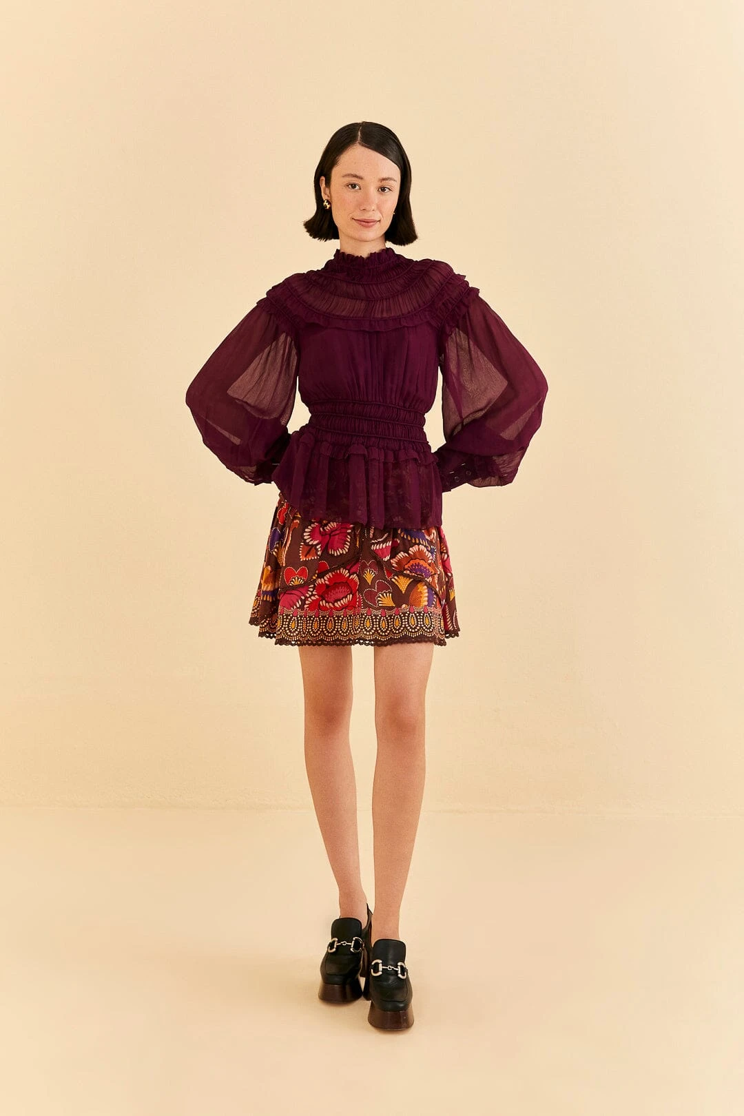 Farm Rio Burgundy Ruffle High Neck Blouse 2 Farm Rio Burgundy Ruffle High Neck Blouse - Image 2