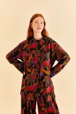 Farm Rio Black Wild Horses Maxi Shirt