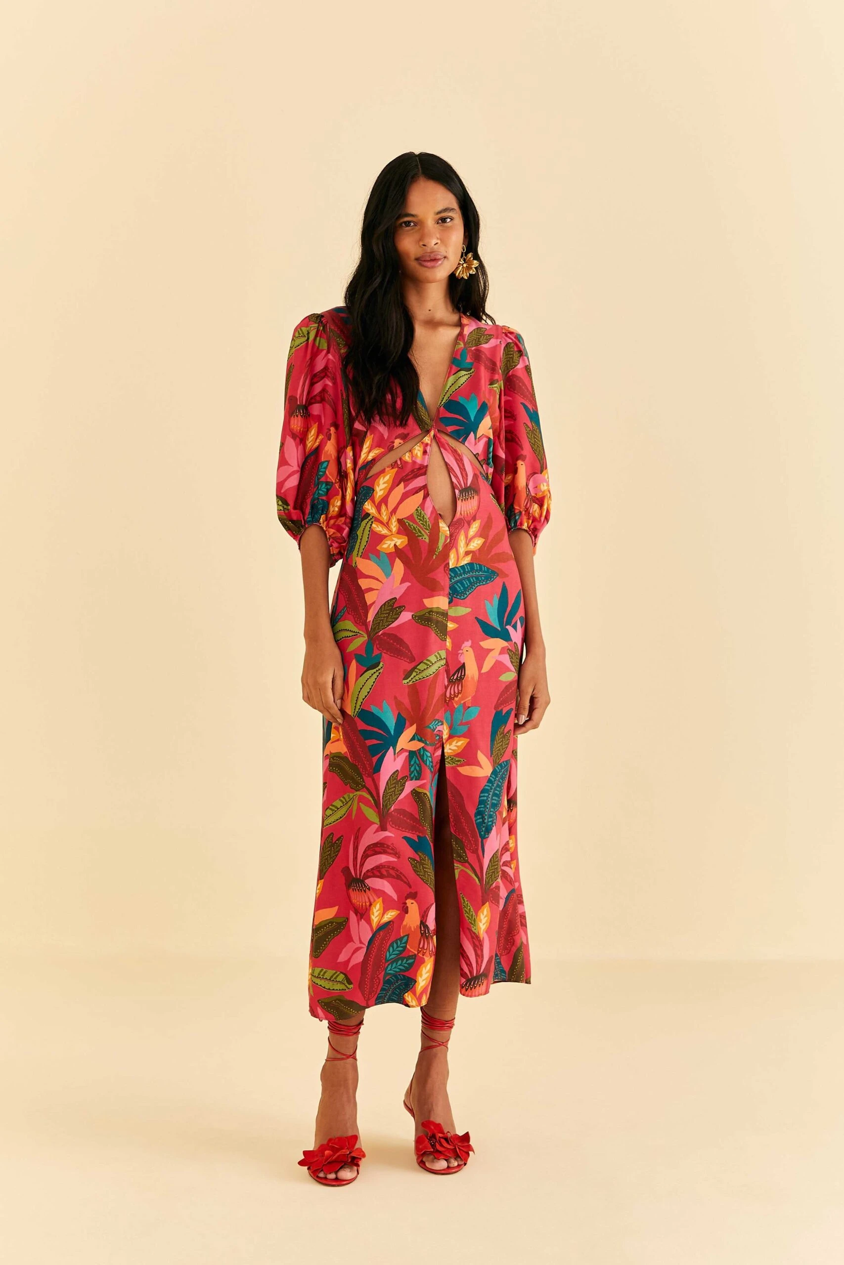 Farm Rio Red Rooster Leaves Short Sleeve Maxi Dress 2 Farm Rio Red Rooster Leaves Short Sleeve Maxi Dress - Image 2