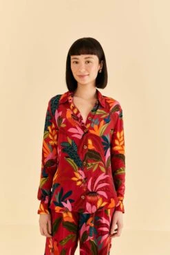 Farm Rio Red Rooster Leaves Long Sleeve Shirt -Modern Dress World 316428 01